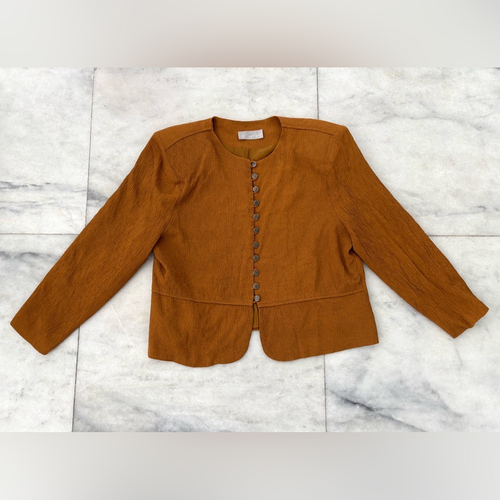 VTG AC Sport Jacket Rust Brown Crinkle Collarless Blazer Women 16W 90s Retro USA